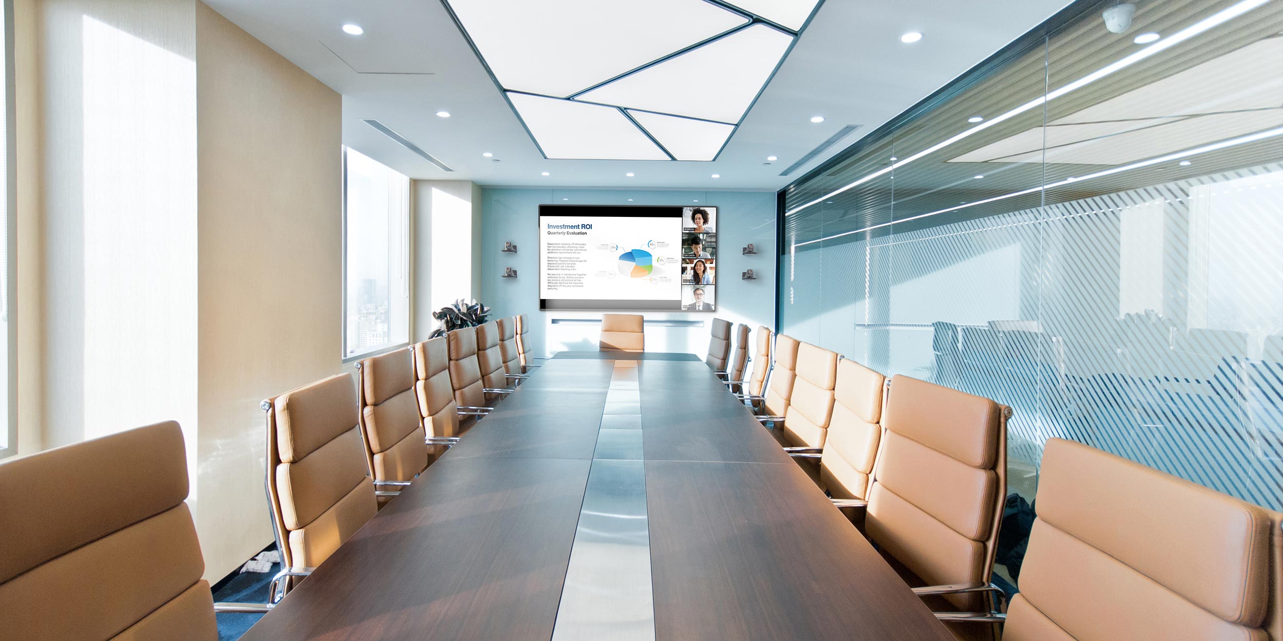 High-tech conference room with a large display and modern decor
