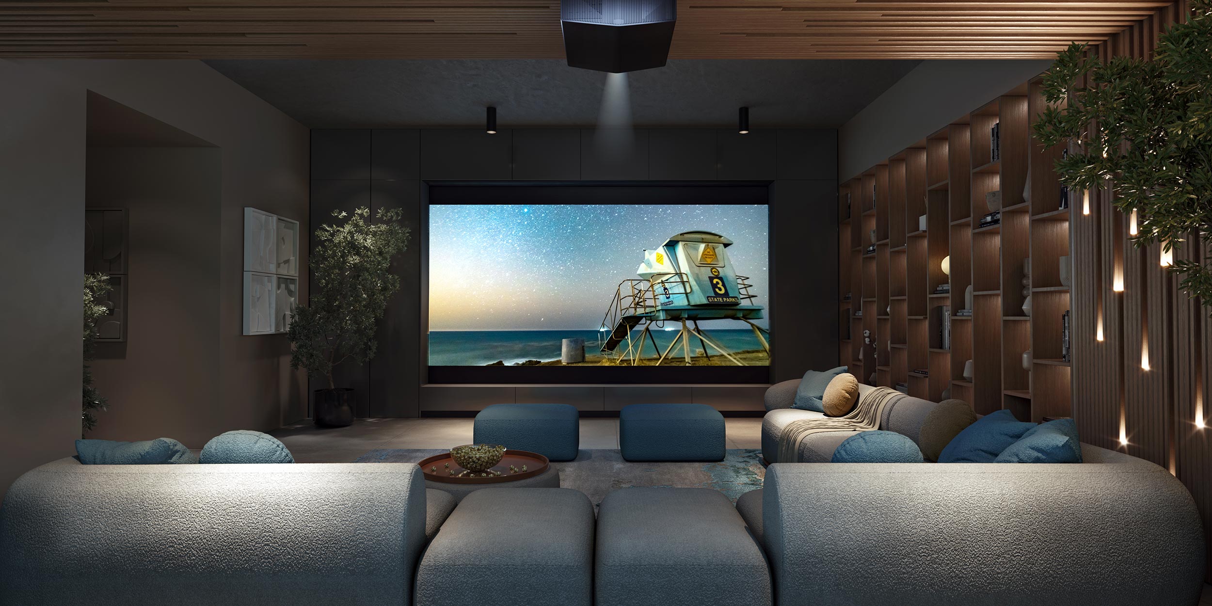 Cozy home theater with a ceiling projector and ambient shelving lights
