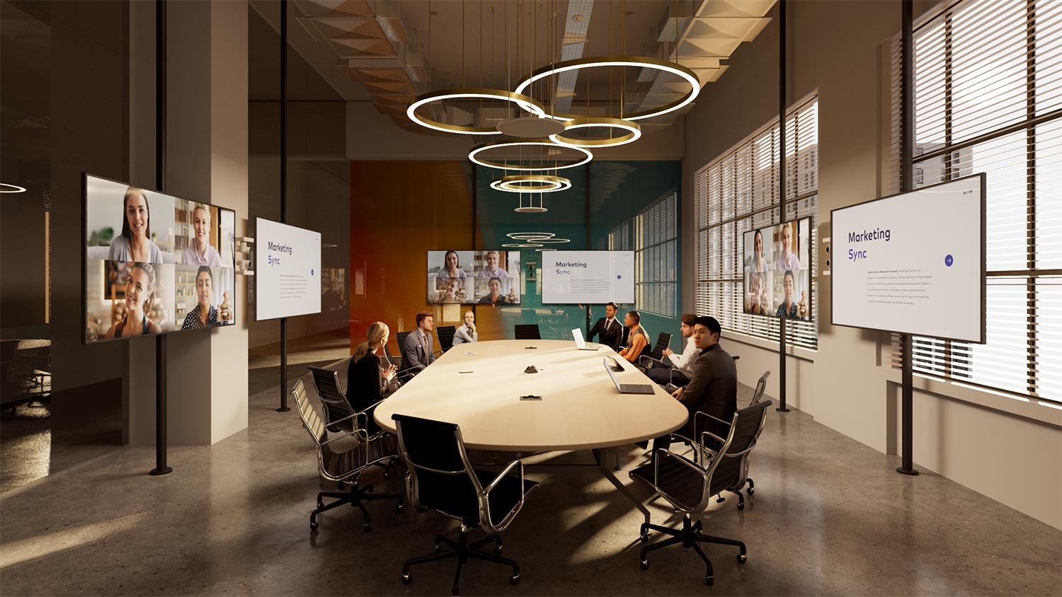 High-tech conference room with multiple screens for video meetings