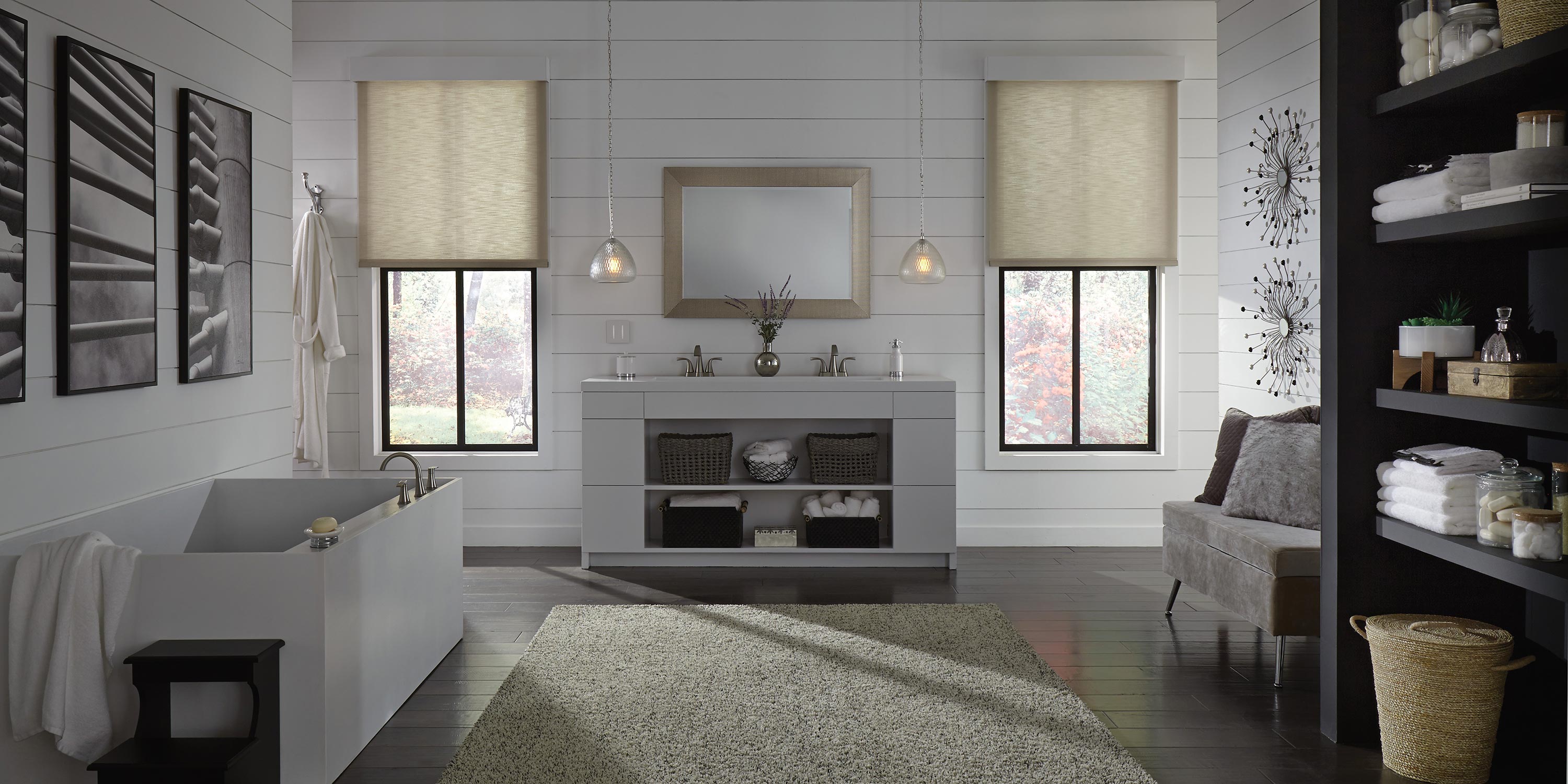 Modern bathroom with a double vanity and soft lighting