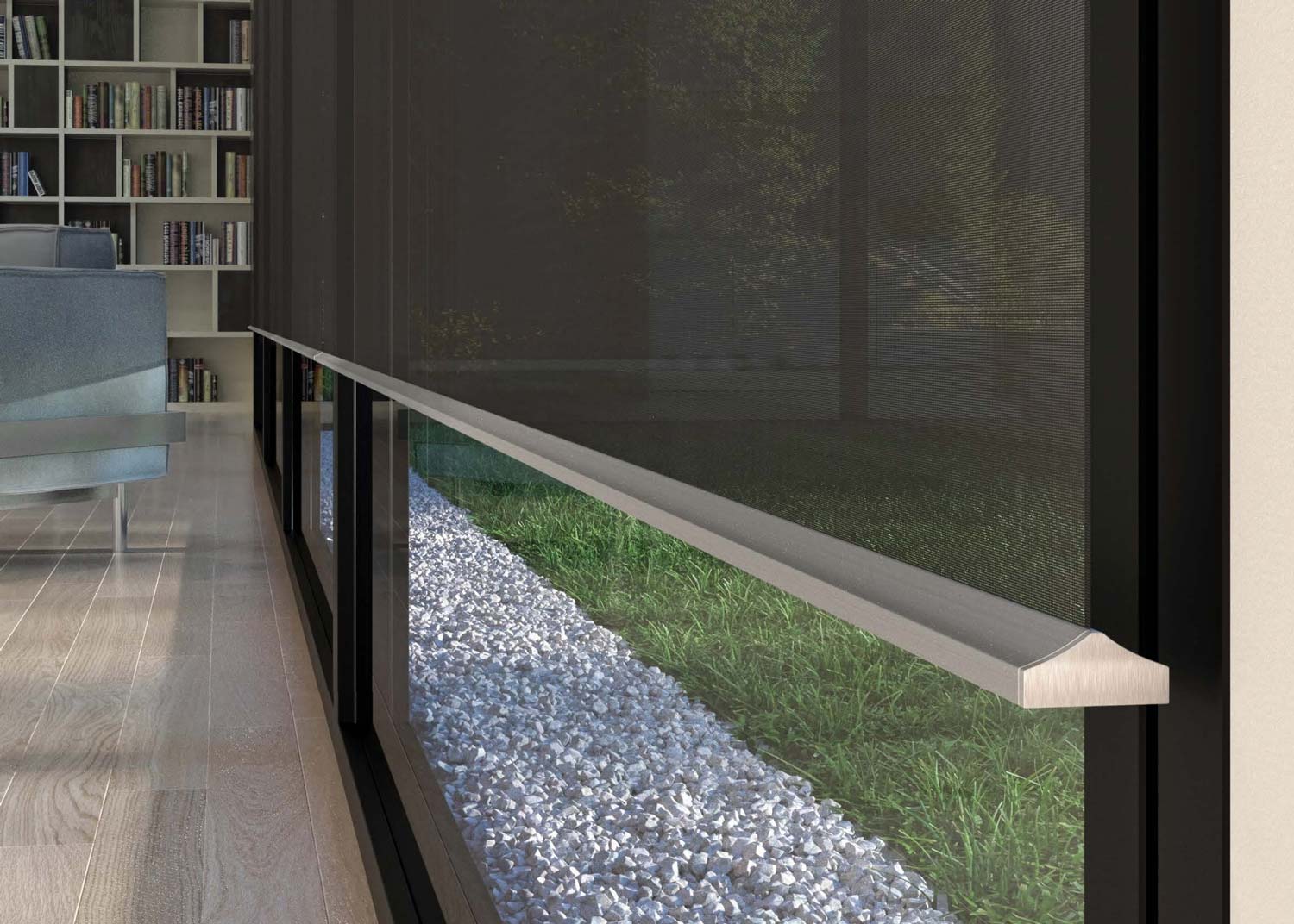 Close-up of Lutron automated window treatment hembar in a modern interior setting.