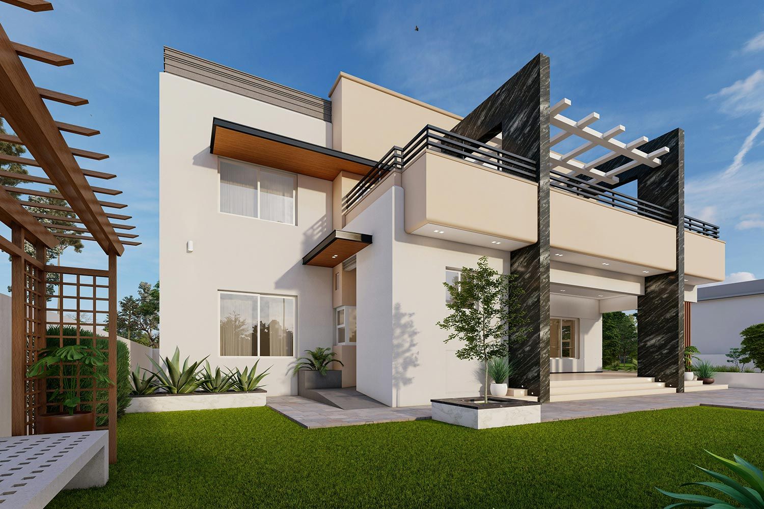 Modern house with a landscaped yard and pergola