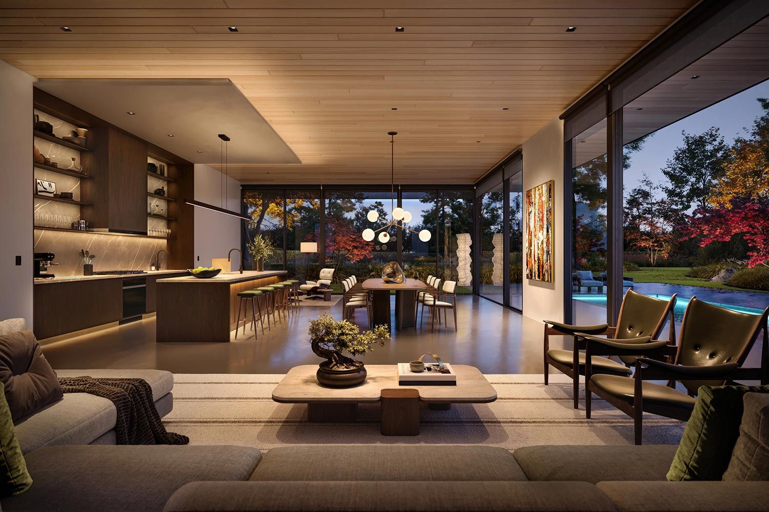 Luxurious open-concept home with ambient lighting