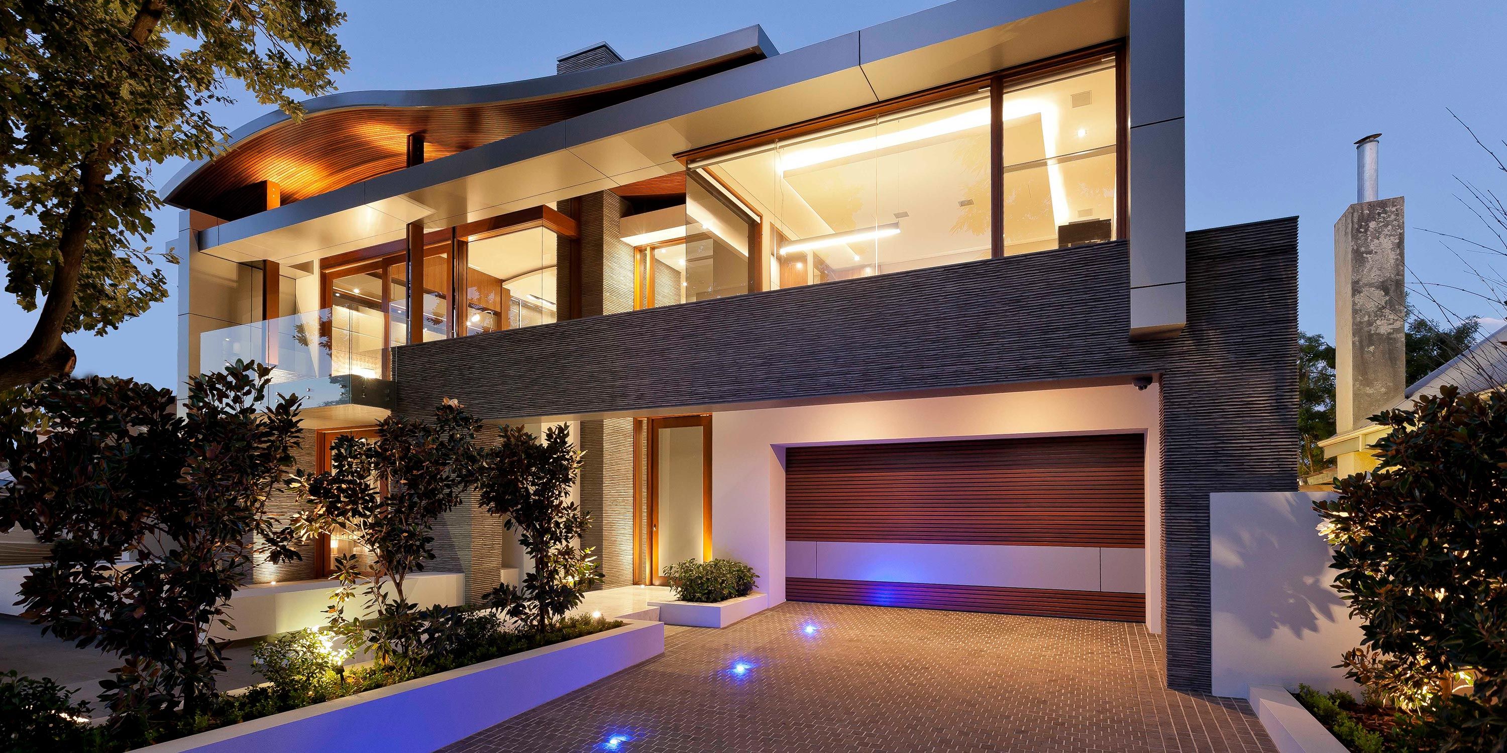 Contemporary house exterior with large glass windows