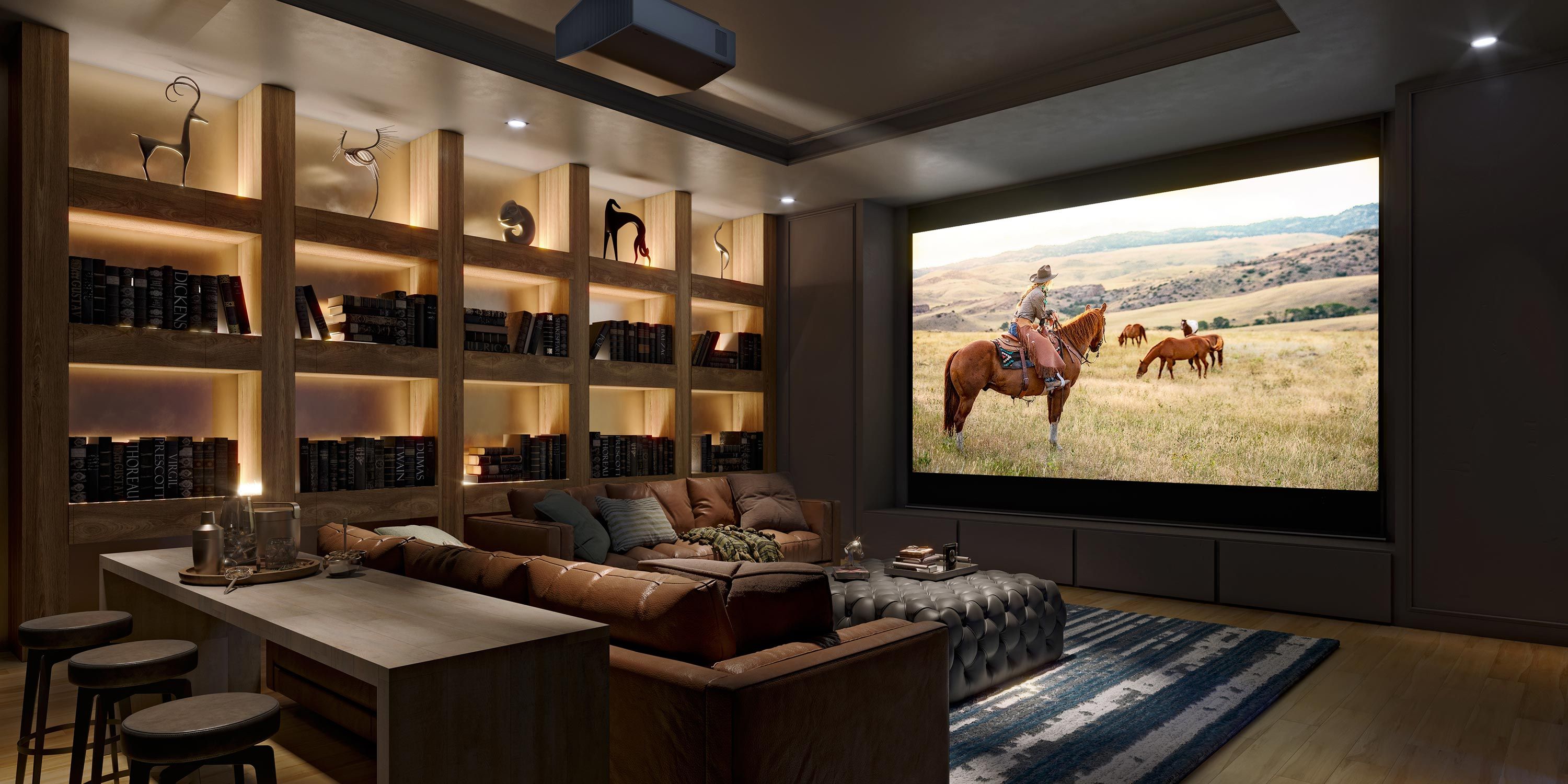 Home theater with a large projector screen and bookshelves
