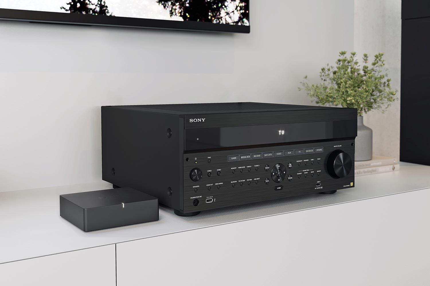 A Sony AV receiver displayed on a white cabinet alongside a compact media device and decorative plants.
