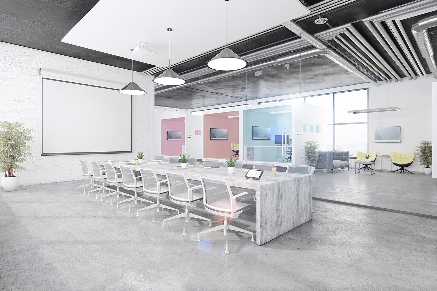 Bright modern conference room with a large table and wall-mounted screens