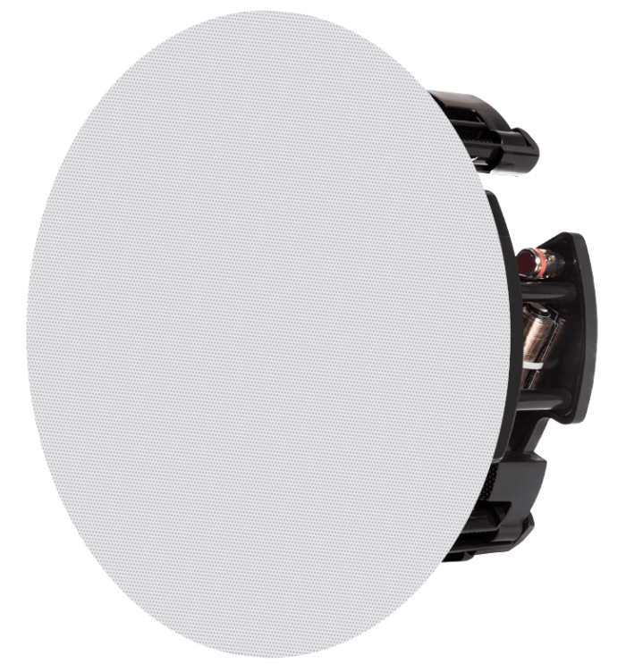 Round in-ceiling speaker with a white perforated grille and exposed side components