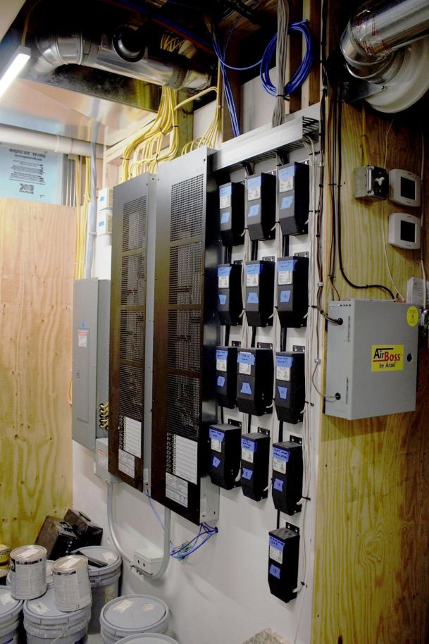 Organized wiring system with labeled control modules and ventilation in a utility room