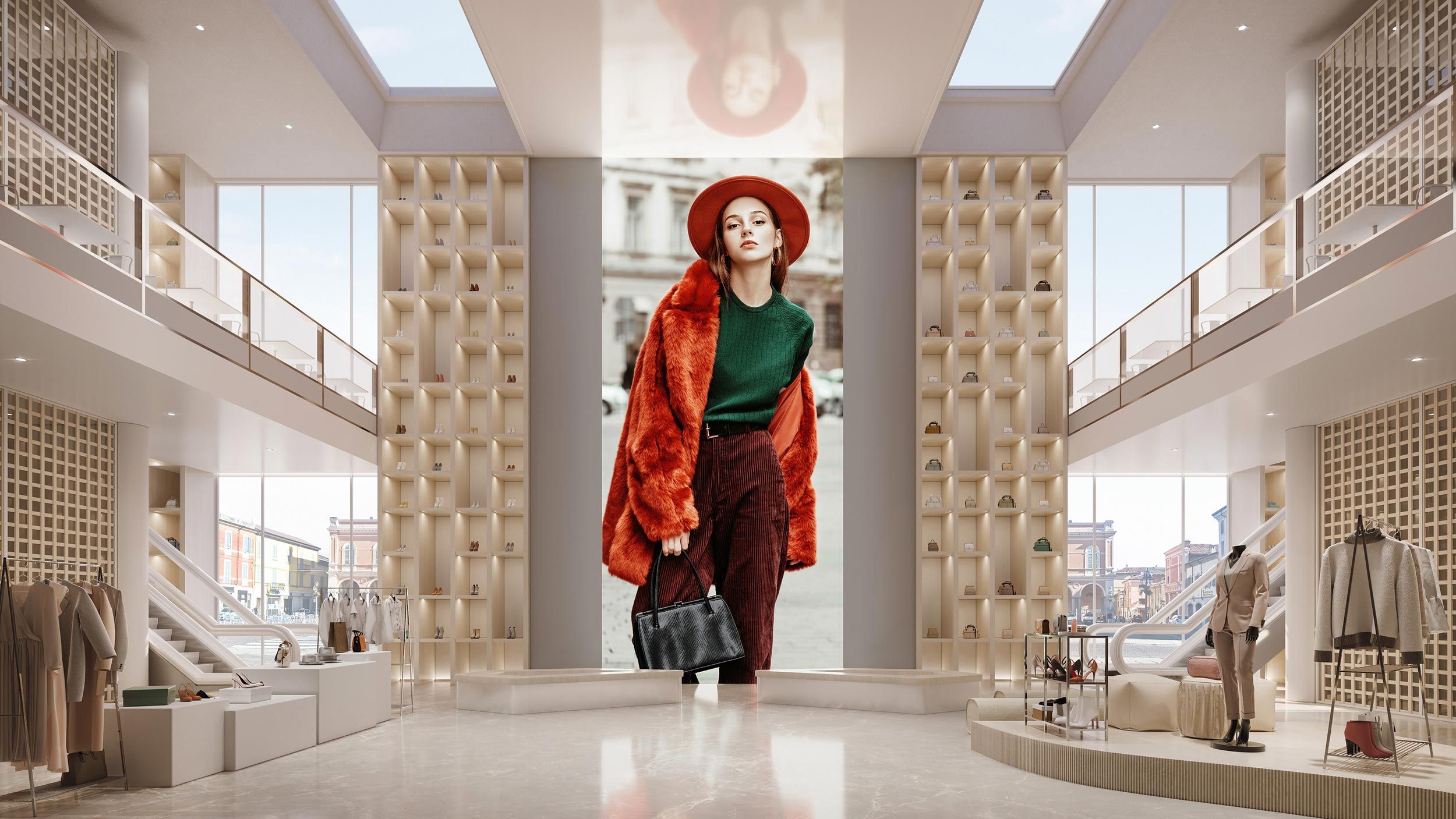 A Sony video wall in a luxurious retail space displaying a fashion model, surrounded by elegant displays.