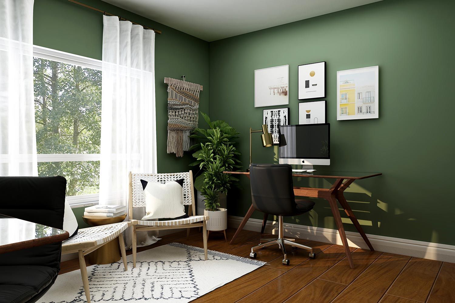 Stylish home office with green walls and wood furniture