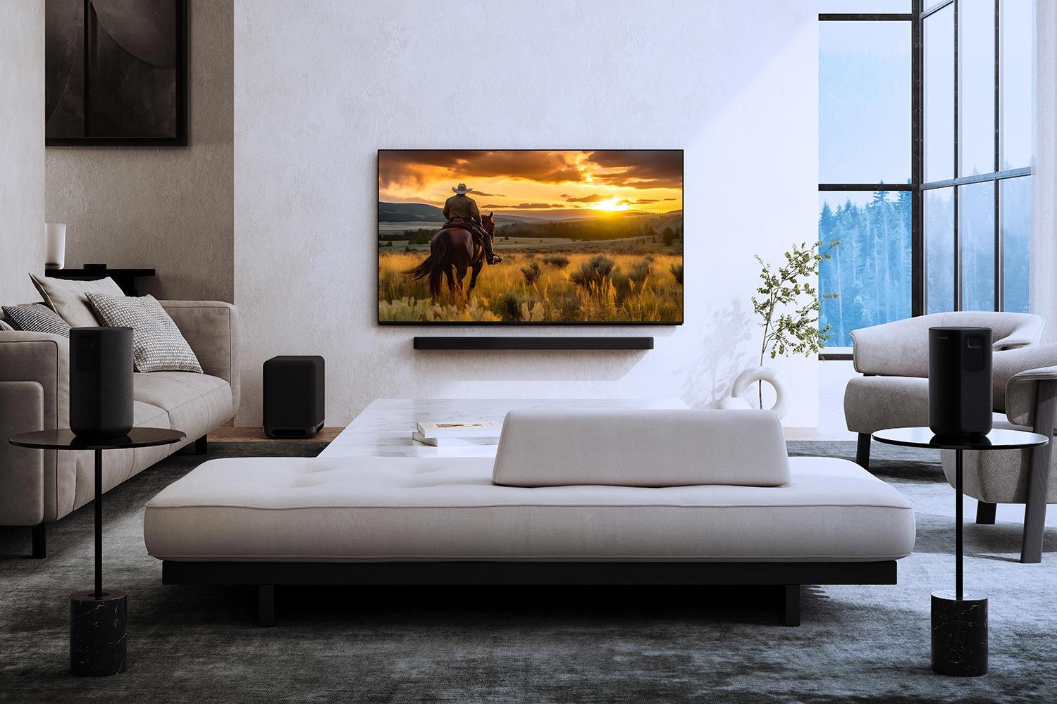 Cozy home theater with a large wall-mounted TV